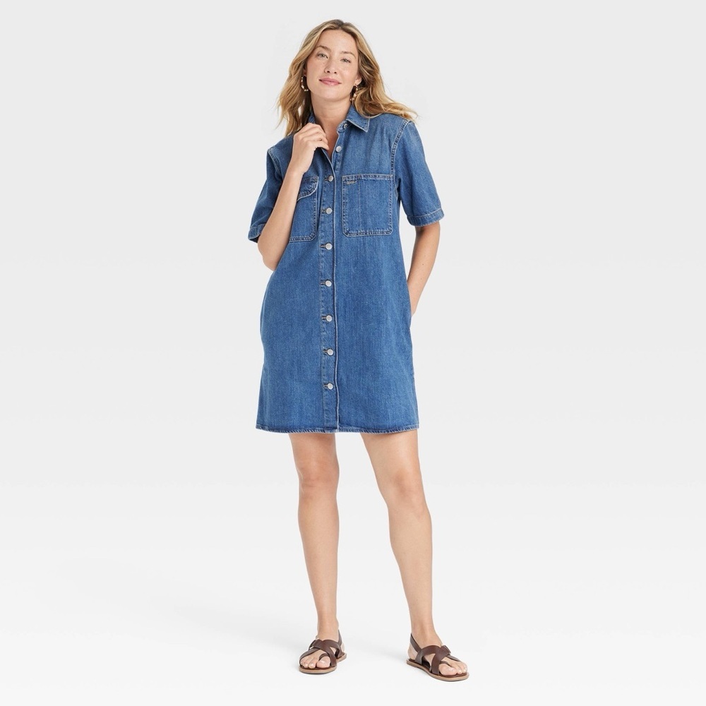 Universal Thread Short Sleeve Denim Mini Shirtdress Blue Wash Size Small Casual